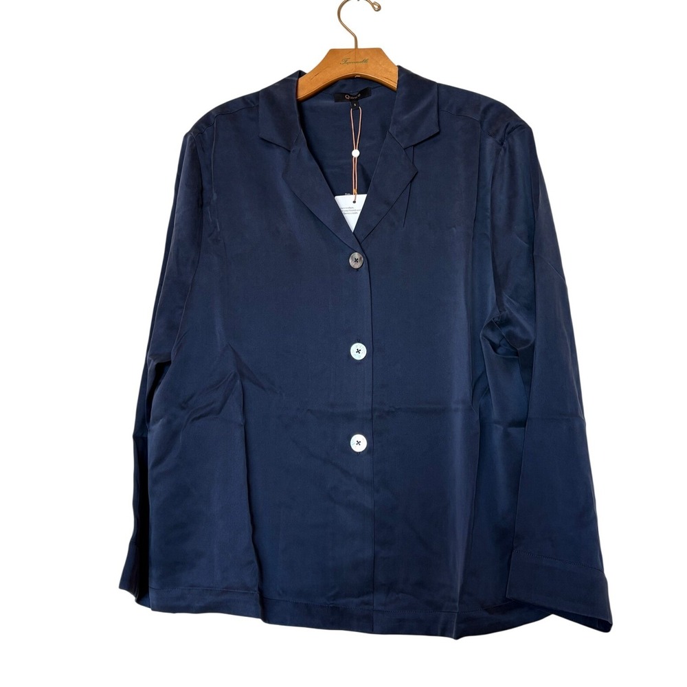 Quince Washable Silk Notch Collar Blouse Navy Blue Long Sleeve S NEW
